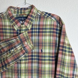 Ralph Lauren Button Down Shirt Men's XL Blue Green Madras Plaid Classic Fit Pony